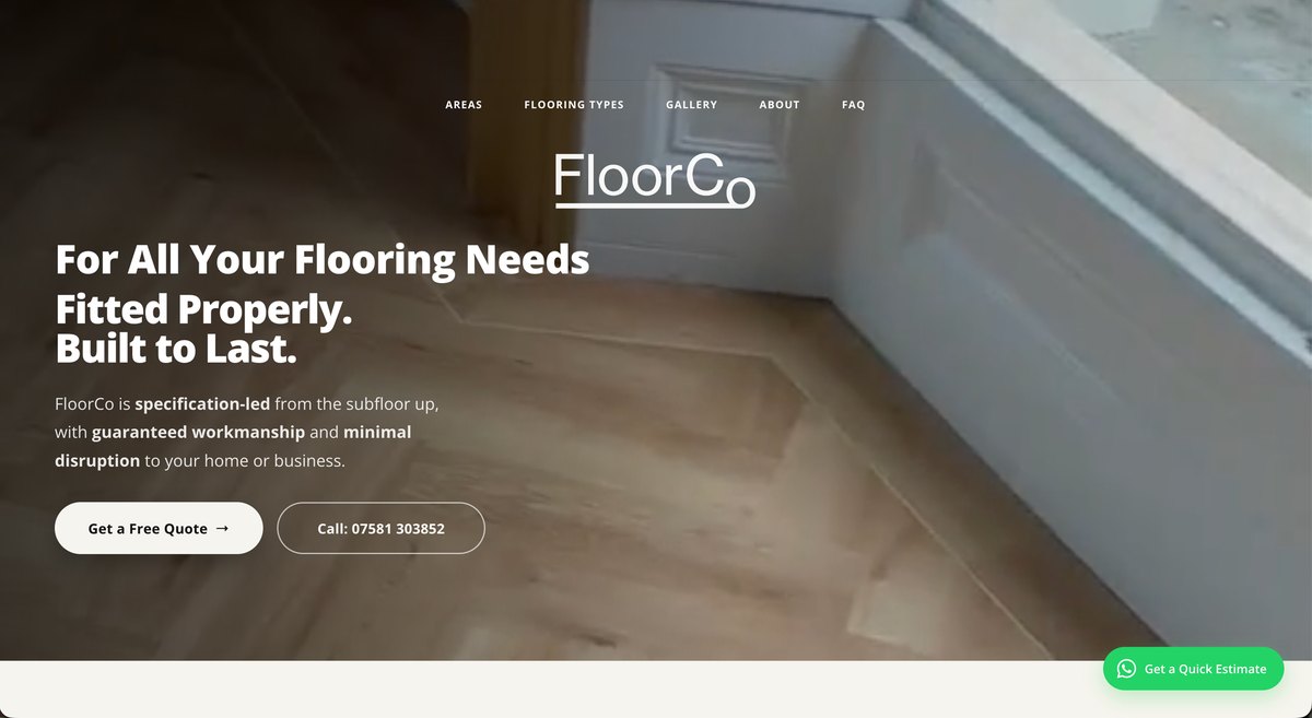 FloorCo website homepage — fitted wood flooring with the headline 'For all your flooring needs. Fitted properly. Built to last.'