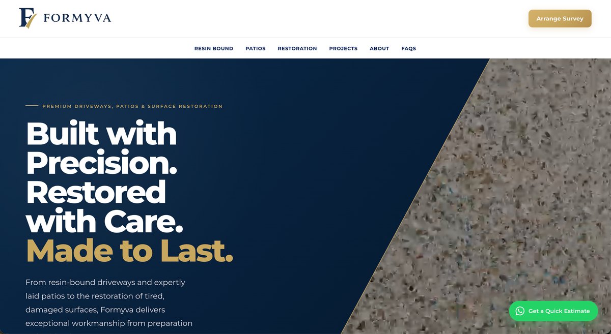 Formyva website homepage — resin surface texture with the headline 'Built with precision. Restored with care. Made to last.'