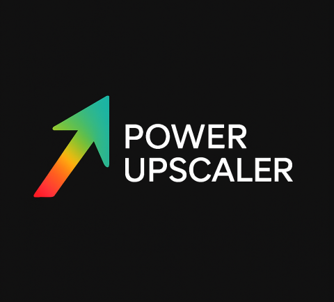 Power Upscaler logo — colourful arrow icon with bold wordmark on dark background