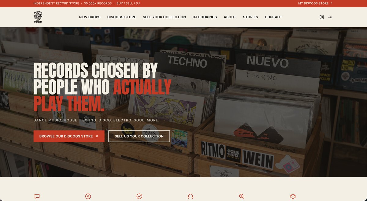 Twisted Puffin website homepage — record crates with the headline 'Records chosen by people who actually play them'